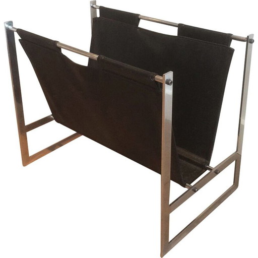 Vintage brushed steel and leather magazine rack, 1970