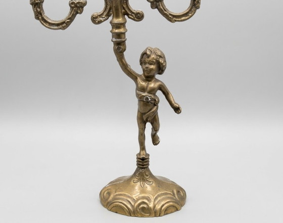 2 Portacandele antichi a 3 bracci con Putto, Ottone, Art Nouveau, ca. 30 cm, Dorato (foto 4 di 5)