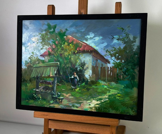 Image 1 of Peinture à l'huile originale, paysage rural, puits de village d'été