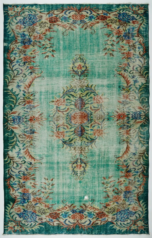 Grande tappeto turco vintage Oushak 295 × 182 cm – Tappeto in lana con motivo floreale turchese – vloerkleden en tapijten
