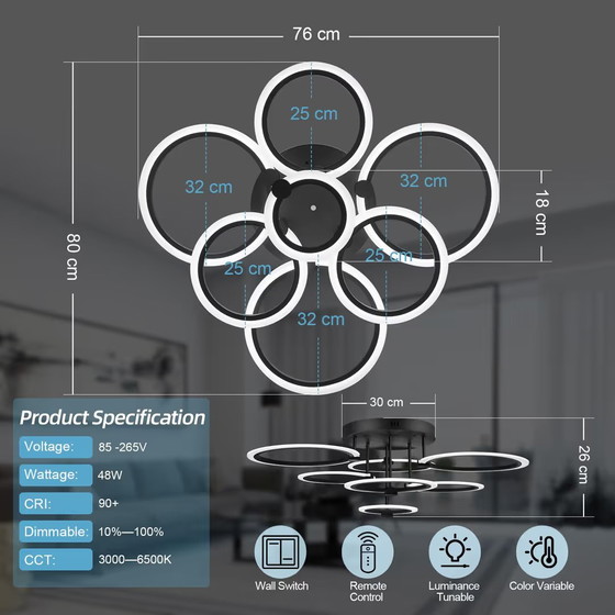 Ceiling light LED 7 Rings Black 48W, Dimmable, Remote Control, Geometrisch (photo 4 of 5)