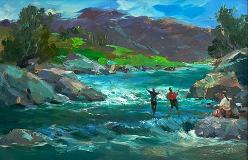 Peinture à l'huile originale représentant une rivière de montagne où la pêche estivale est en pleine nature