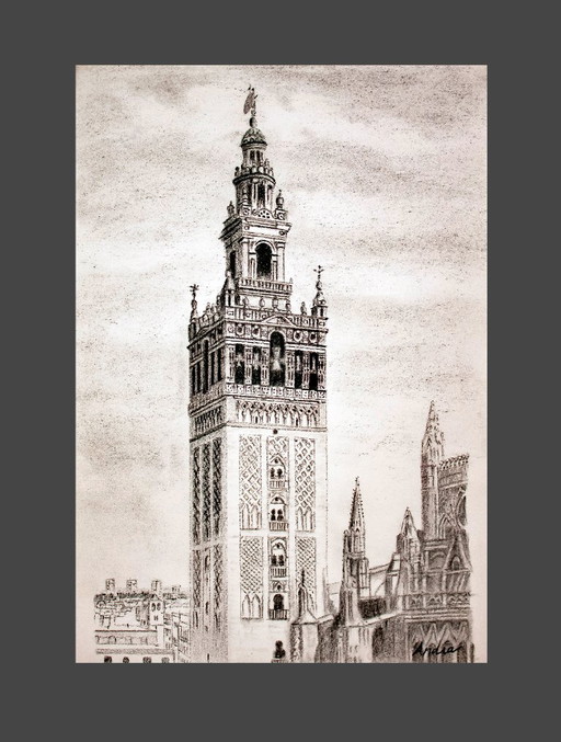 Charcoal drawing of the Giralda of Seville. Giralda of Seville, Spain. Seville Giralda drawing. New.