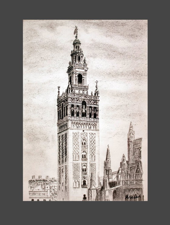 Image 1 of Charcoal drawing of the Giralda of Seville. Giralda of Seville, Spain. Seville Giralda drawing. New.