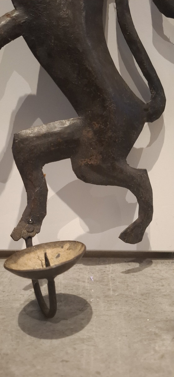 Image 1 of Set of 2 Rare Antique Wrought Iron Wall Sconces - Exclusive Antique Lions