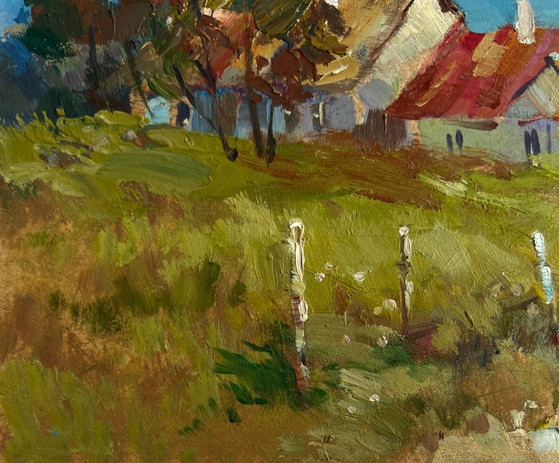 Image 1 of Origineel olieverfschilderij: Zomerdorplandschap met huizen in het bos.