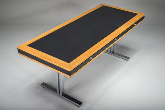 Image 1 of Mid-Century Modern Schreibtisch aus Eiche und Chrom mit Lederplatte, 1980er Jahre