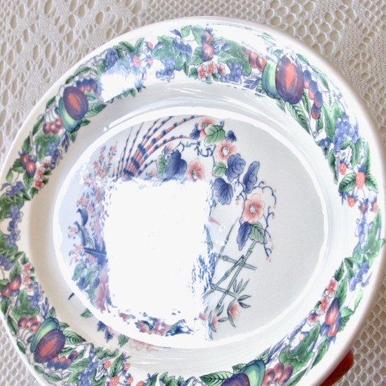 Image 1 of Grande vassoio ovale vintage italiano con decorazione di uccelli, fiori e frutta
