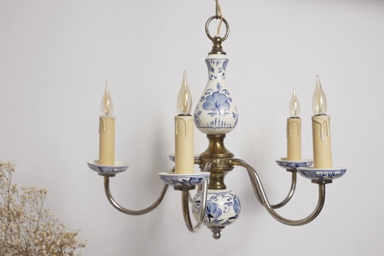 Image 1 of Antique Delft Blue Porcelain Chandelier Dutch Ceramic Ceiling Light Blue White Farmhouse Cottagecore Lighting