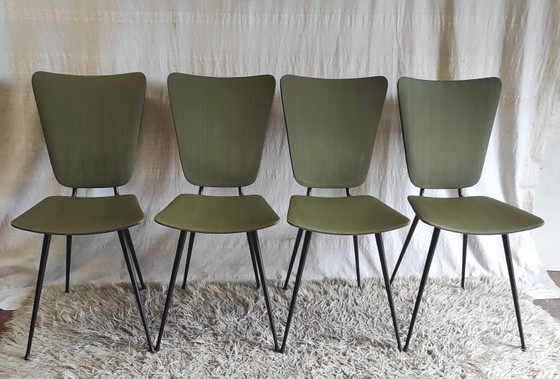 Image 1 of Set aus 4 modernistischen Stühlen aus schwarzem Metall mit grünem Bezug - 1950er Jahre