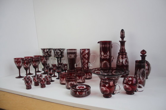 Image 1 of Antique Set of 36 pieces of Artistic cut Ruby red glass, Egermann, 1950's. 