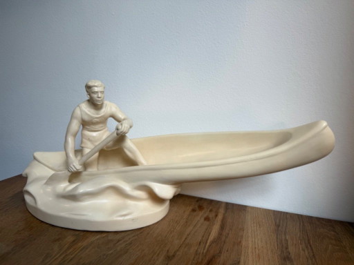 Jihokera Bechyne Scultura in Ceramica Canottiere Cecoslovacchia 50 cm