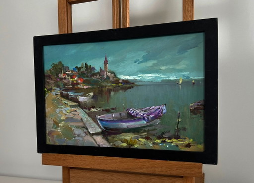 Origineel olieverfschilderij: Somber kustlandschap, stadsboot, veerboot