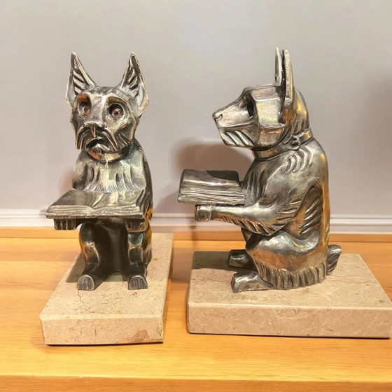 Pair of Art Deco Silver-Pewter Bookends - Reading Scotch Terriers on Marble Bases, Compact Size. (photo 2 of 9)