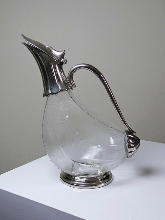 Image 1 of Vintage glass and silver-plated metal ewer, modernist pitcher/carafe 1950-1970