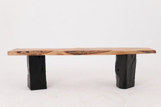 Image 1 of Live Edge Solid Wood Bench with Charred Legs, Organic Modern by Logniture