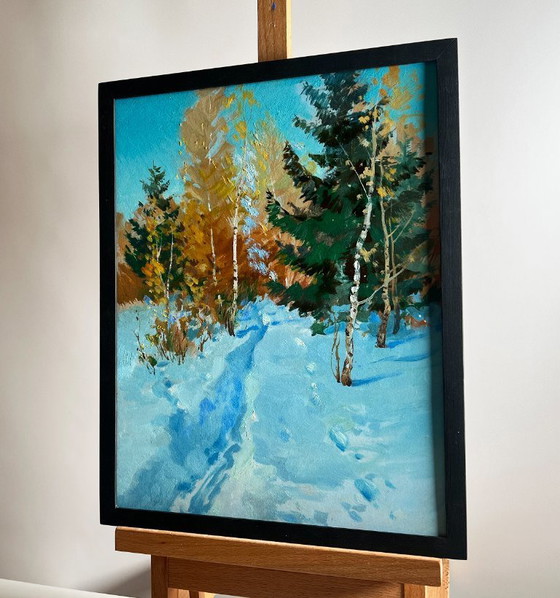 Image 1 of Original Oil Painting Snow Forest Landscape Winter path in the forest