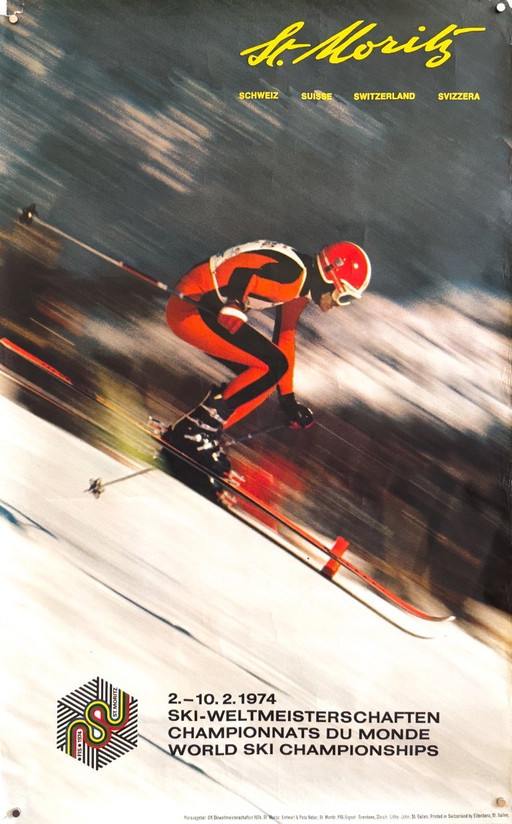 ⛷️ St. Moritz World Ski Championships – 1974 – Original Vintage Poster | Plakat | 102 × 64 cm | Switzerland