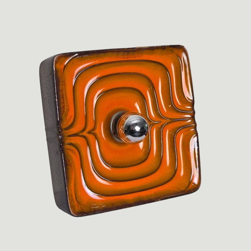 Vintage square orange wall lamp. Pop Art ceramic wall lamp with orange glaze. Germany, 1960s. Space Age.