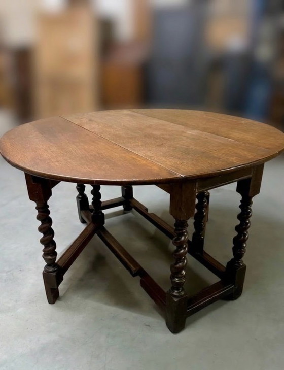 Antique English Oak Gateleg Drop-Leaf Table with Barley Twist Legs, 19th Century, Antiek, Dining tables, Wood (photo 5 of 8)