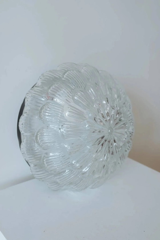 Vintage round glass ceiling light in the shape of a flower, 1970s., Crystal, Metal, Transparent (photo 5 of 8)