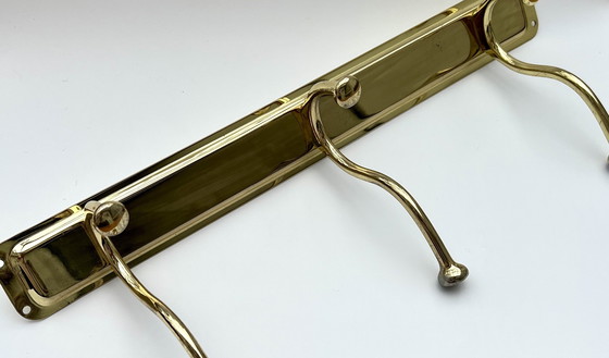 Image 1 of Perchero de pared de latón pulido con tres ganchos dobles, década de 1970-1980