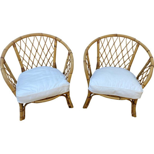 Vintage mandfauteuil van rotan en kussen, 1970