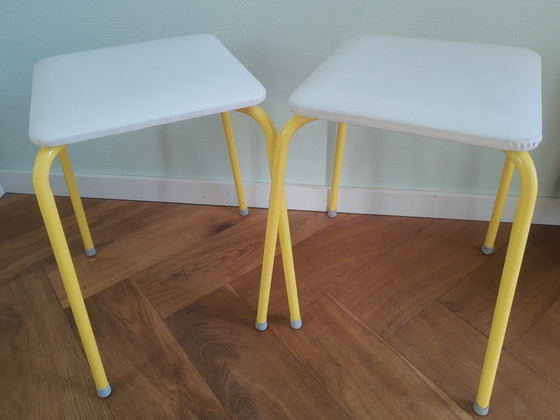 Image 1 of Set of 2 50s-60s tubular frame faux leather stools in white and yellow