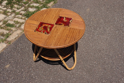 Rattan and ceramic coffee table by Audoux & Minet, 1950
