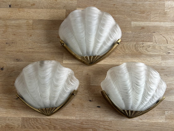 Image 1 of 3x Wandleuchte Schalen - Art Deco - Glas und Messing