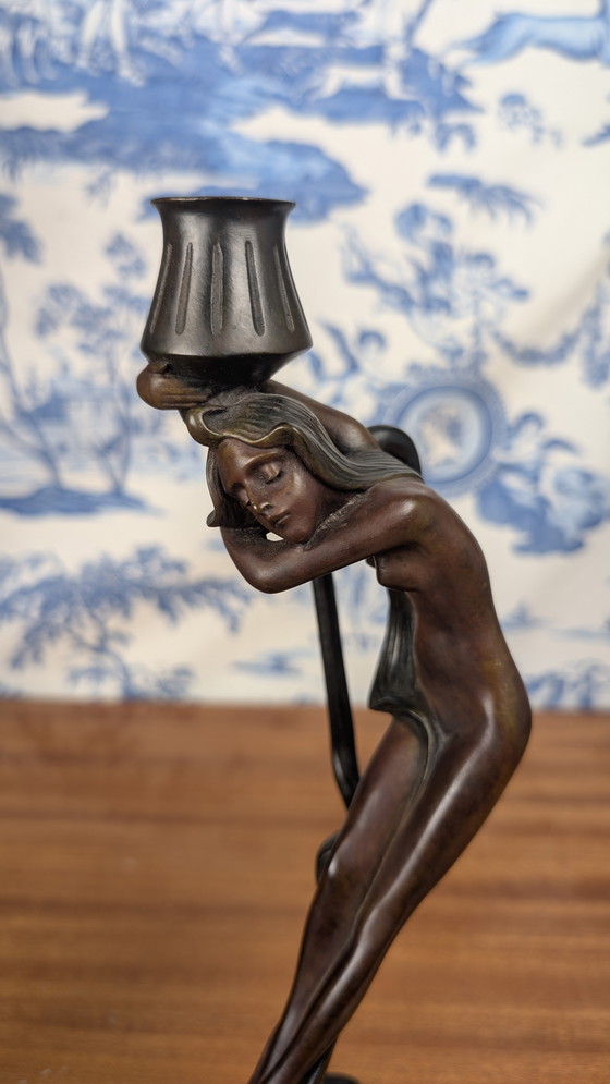 Image 1 of Ein Paar MoMa-Kandelaber aus Bronze mit Nymphen im Jugendstil Vintage 1988