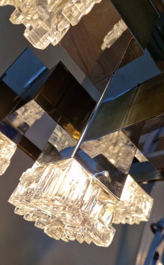 Image 1 of Vintage Italian design chandelier, Cubic, Gaetano Sciolari, chrome, brass, glass, 1970s