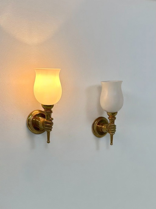 Pair of vintage wall lights, Maison Jansen, patinated solid brass and opaline glass, France, 1960