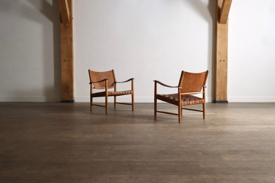Paire de Fauteuils Safari en Cuir Cognac Tressé, Danemark, années 1960 – Leather (photo 3 of 21)