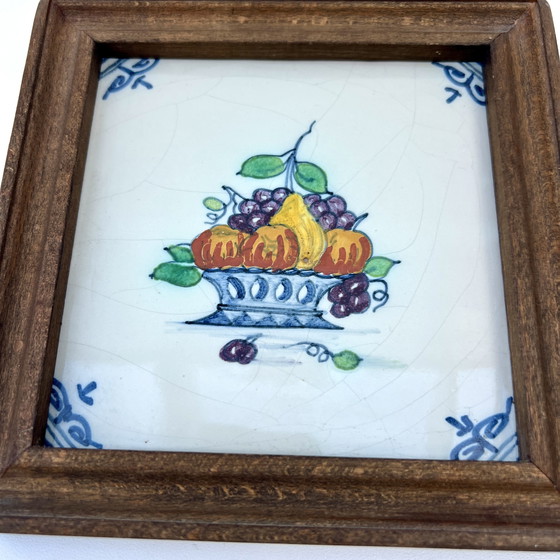 Image 1 of Four framed ceramic tiles – Delft/Makkum style – Hand-painted – Netherlands, 20th century