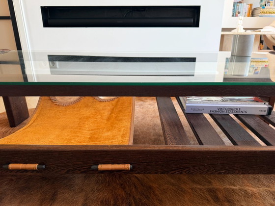 Image 1 of Vintage Mid-Century glass coffee table – Wenge wood & leather