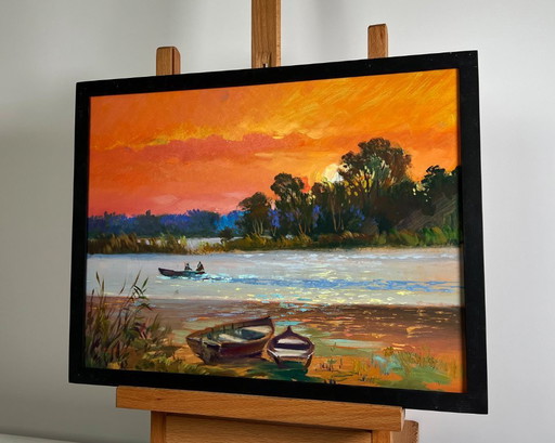 Pintura al óleo original: Paisaje de Sunset River, atardecer carmesí fascinante.