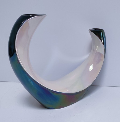 Zwart-witte keramische kandelaar met twee lichtpunten uit de jaren 60.