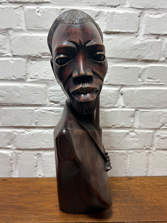 Image 1 of Busto africano vintage di metà secolo in legno massello – 41 cm – Firmato Zinga