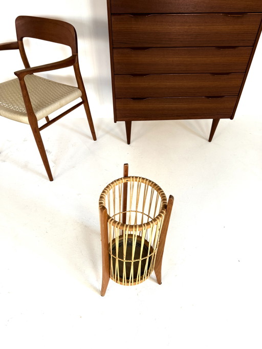 Vintage Danish umbrella stand Teak & rattan 1960s