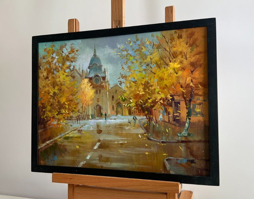 Original Oil Painting Autumn City Landscape Autumn in the heart of the city