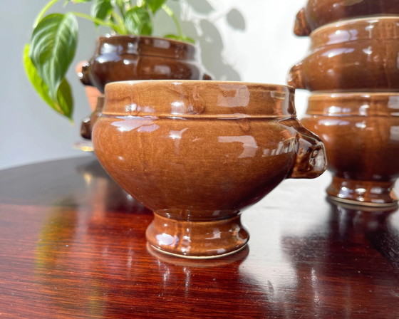 6 Vintage Ceramic Emile Henry Lion Head Onion Soup Bowls - Brown, Made in France (photo 8 of 10)