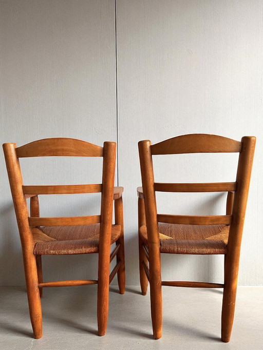 Vintage Solid Wood and Straw Armchair - Attributed to Georges Robert - Rustic Chic French Design - 1950s