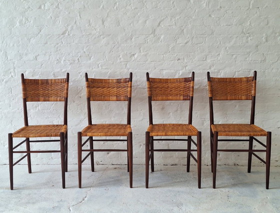 Image 1 of Set of 4 Teak Dining Chairs with Patinated Cane Seats and Backs after Gio Ponti, Italy 1950s