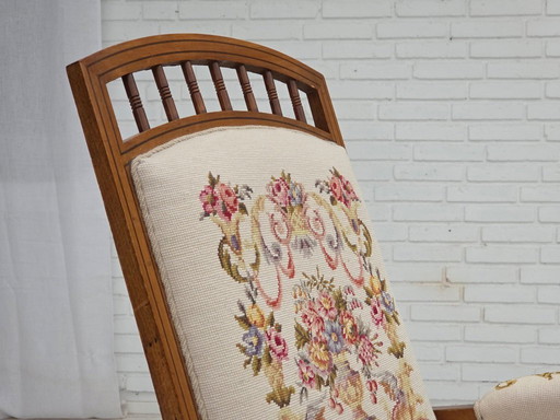 Dänischer Schaukelstuhl mit hoher Rückenlehne aus den 1930er Jahren, original handgewebte Wolle, Eschenholz.