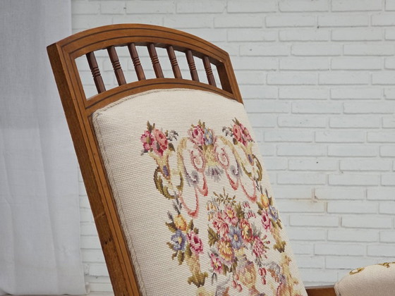 Image 1 of Dänischer Schaukelstuhl mit hoher Rückenlehne aus den 1930er Jahren, original handgewebte Wolle, Eschenholz.