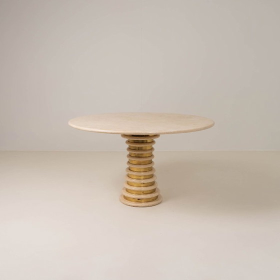 Image 1 of Travertine and Brass Pedestal Dinning Table Marzio Cecchi 