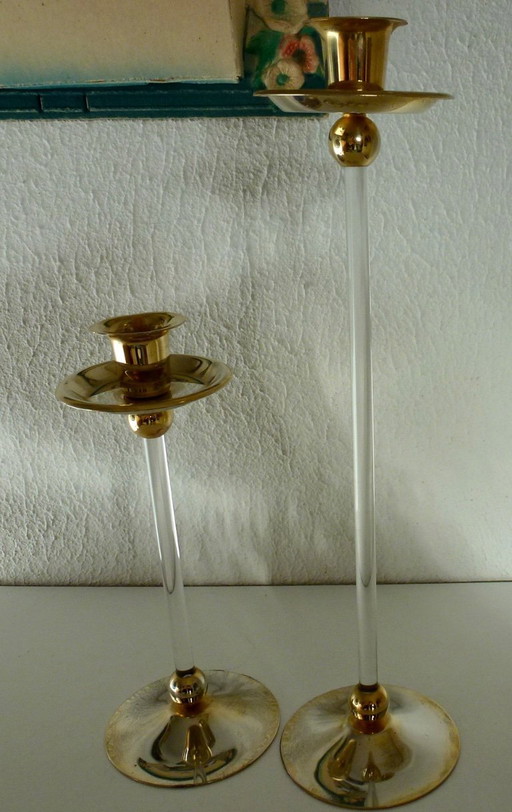 2x Vintage Candlesticks lucite (plexiglass) with brass by or in the style of Estrid Maria Ericson.
