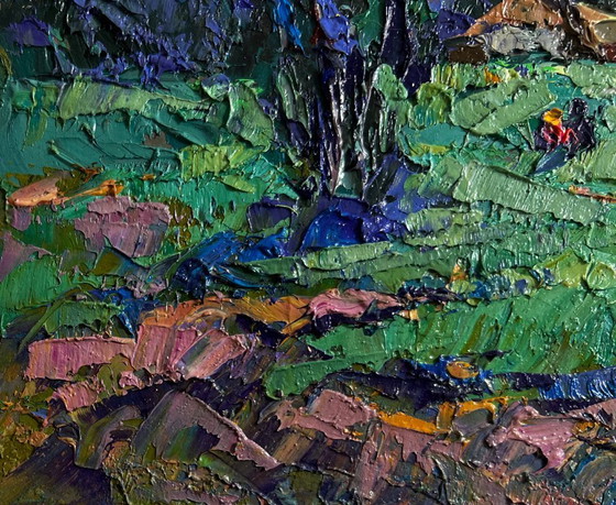 Image 1 of Original Oil Painting Night Village Landscape Light from the moon