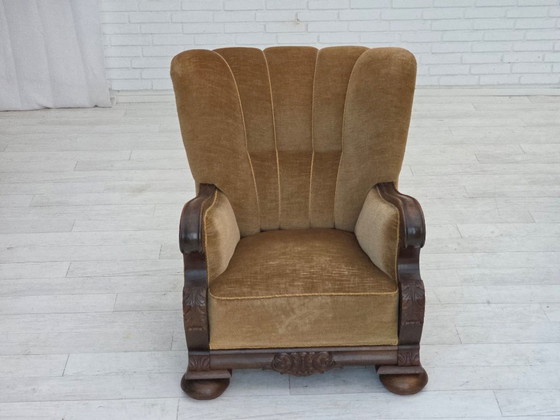 Image 1 of 1960s, Danish relax chair, original green furniture velour, carved oak wood.